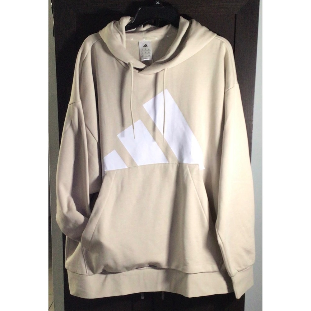 Adidas Mens Oversized Hoodie Beige Tan White Logo Pullover Sweatshirt 2XL NEW